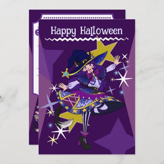 Carte d'invitation de sorcière Neko pour Halloween (Devant / Derrière)