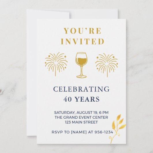 Carte d'invitation élégante pour les 40 ans (Devant)