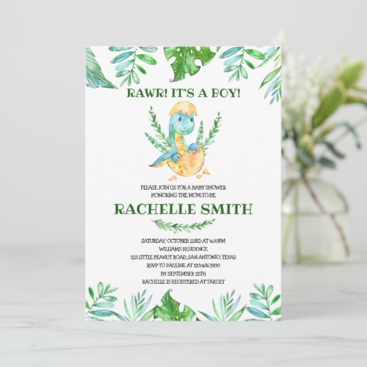 Carte d'invitation Fête de bébé dinosaure à verdur (Debout devant)