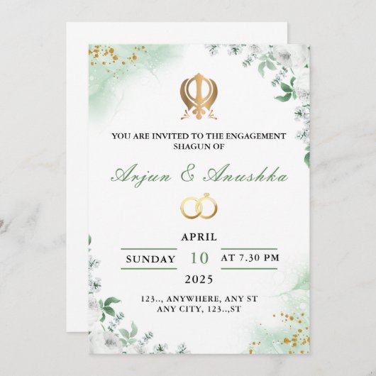 Carte d'invitation Fiançailles Floral Vert & Blanc (Devant / Derrière)
