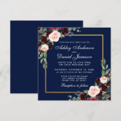 Carte d'invitation Floral Blue Burgundy Gold Weddi (Devant / Derrière)