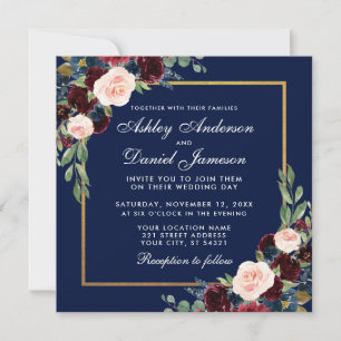Carte d'invitation Floral Blue Burgundy Gold Weddi