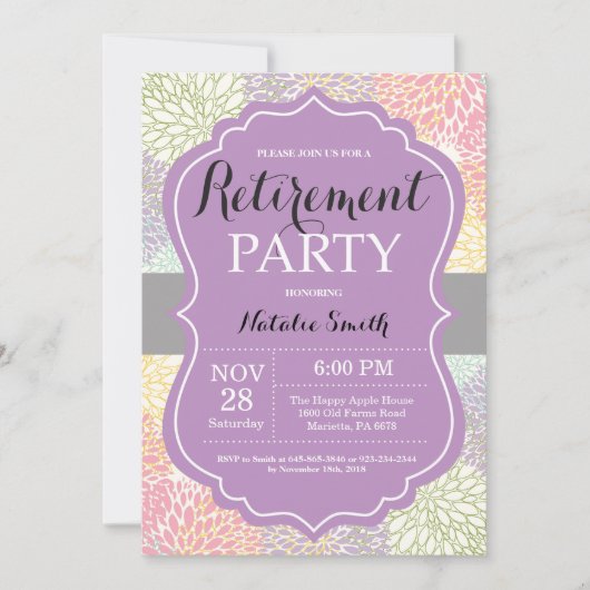 Carte d'invitation Floral Retirement Party Purple (Devant)