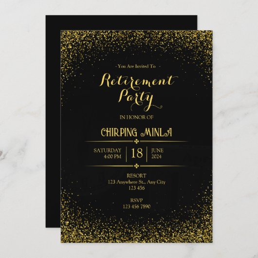 Carte d'invitation Gold and Black Retirement Party (Devant / Derrière)