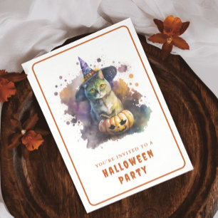 Carte d'invitation Halloween Chat Aquarelle