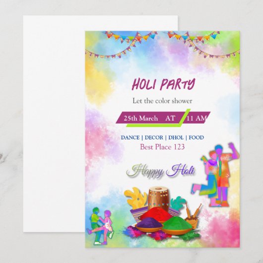 Carte d'invitation Holi (Devant / Derrière)