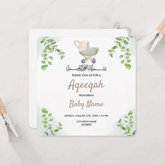 Carte d'invitation Instantanée Aqeeqah Aqiqah de s (Devant/Arrière en situation)