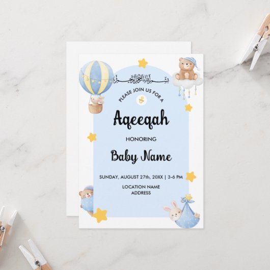 Carte d'invitation Instantanée Bleue Aqeeqah Aqiqa (Devant/Arrière en situation)