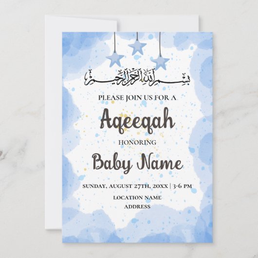 Carte d'invitation Instantanée Bleue Aqeeqah Aqiqa (Devant)