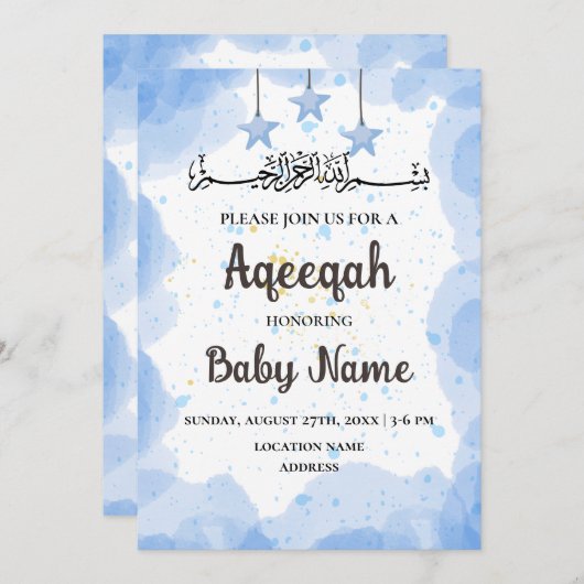 Carte d'invitation Instantanée Bleue Aqeeqah Aqiqa (Devant / Derrière)