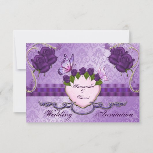 Carte d'invitation Mariage damassé Rose Purple (Devant)