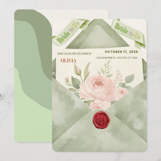 Carte d'invitation modifiable Vert Sauge Mariée à (Devant / Derrière)