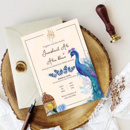 carte d'invitation Nikkah paon musulman illustré