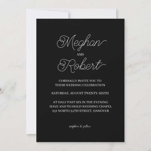 Carte d'invitation noire mariage avec grand script (Devant)