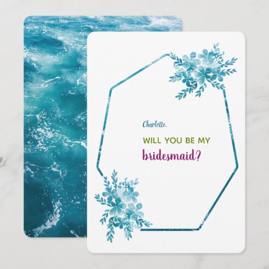 Carte d'invitation Ocean Blue Floral Bridesmaid (Devant / Derrière)