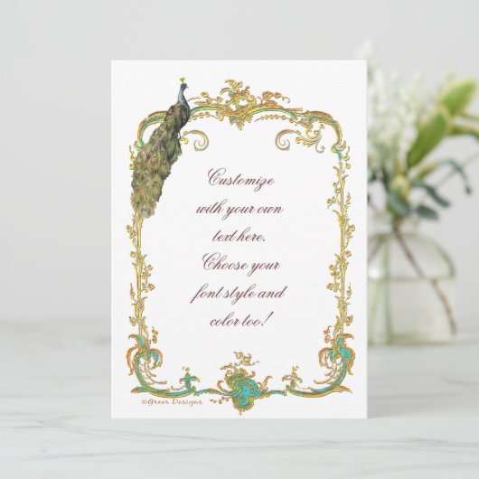 Carte d'invitation Paon avec cadre baroque doré (Debout devant)