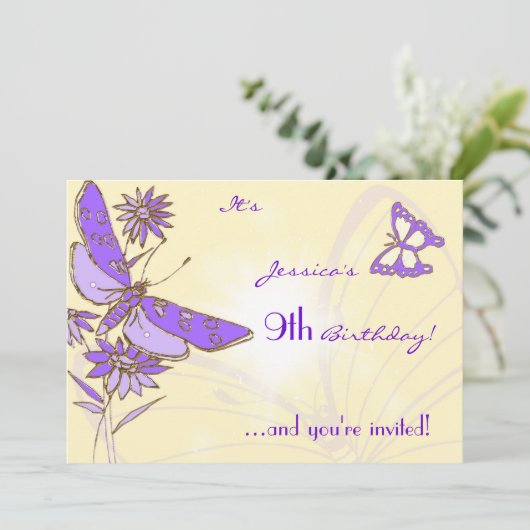 Carte d'invitation Papillon Violet Pêche (Debout devant)