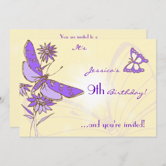Carte d'invitation Papillon Violet Pêche (Devant / Derrière)