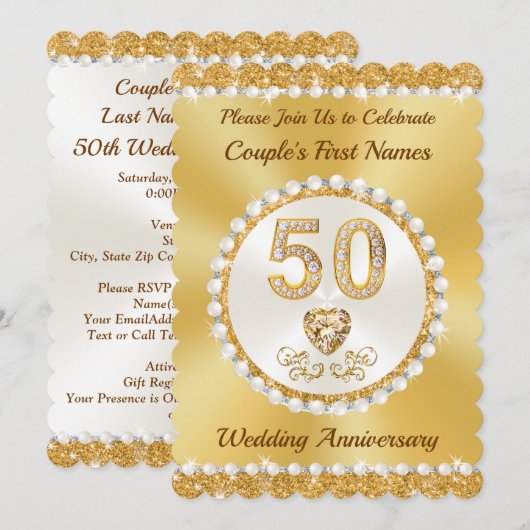 Carte d'invitation personnalisée dorée, 50e annive (Devant / Derrière)