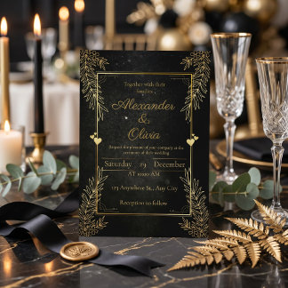 Carte d'invitation personnalisée noire et or de lu