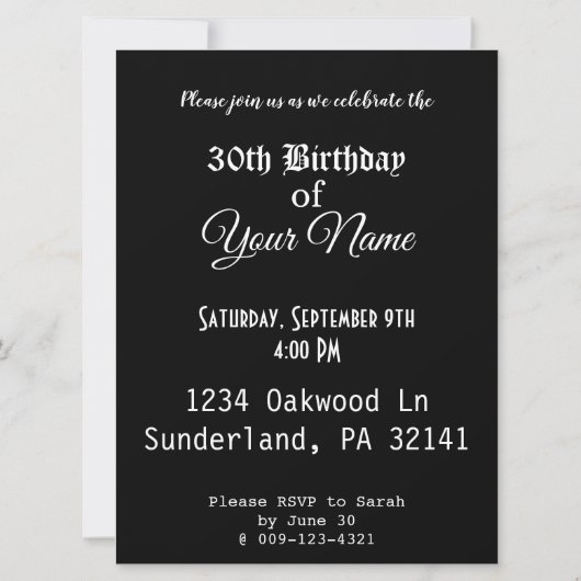 Carte d'invitation personnalisée pour 30 ans Année (Dos)