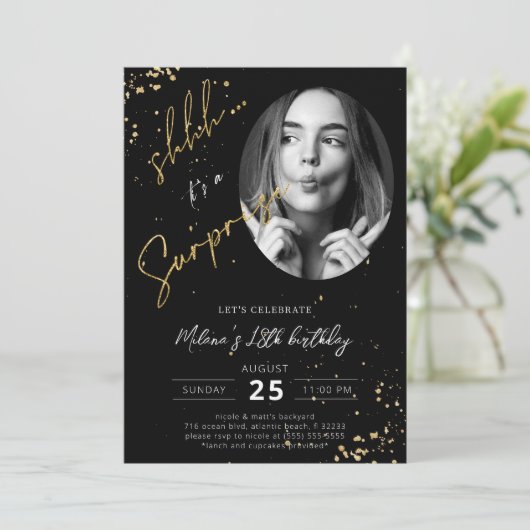 Carte d'invitation photo Black Gold pour anniversa (Debout devant)