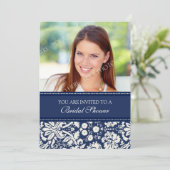 Carte d'invitation photo Blue Damask Bridal Shower (Debout devant)