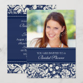 Carte d'invitation photo Blue Damask Bridal Shower (Devant / Derrière)