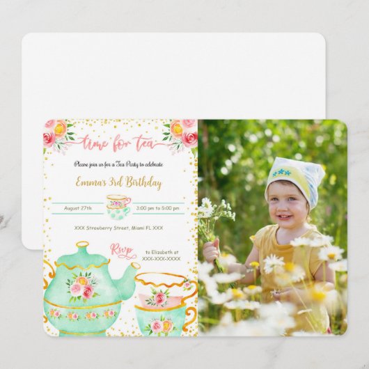 Carte d'invitation photo pour fête de thé pour 3èm (Devant / Derrière)