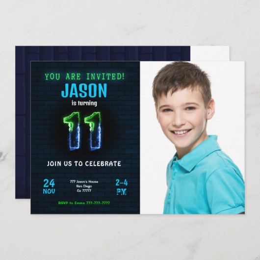 Carte d'invitation photo pour les 11 ans d'un garç (Devant / Derrière)