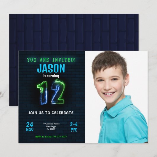 Carte d'invitation photo pour les 12 ans d'un garç (Devant / Derrière)