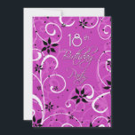 Carte d'invitation Pink Black 18th Birthday Party<br><div class="desc">Carte d'invitation à la fête du 18e anniversaire dans élégant motif floral noir,  blanc et rose,  délicat et élégant avec tourbillons ludiques. Personnalisable avec les détails de votre fête.</div>