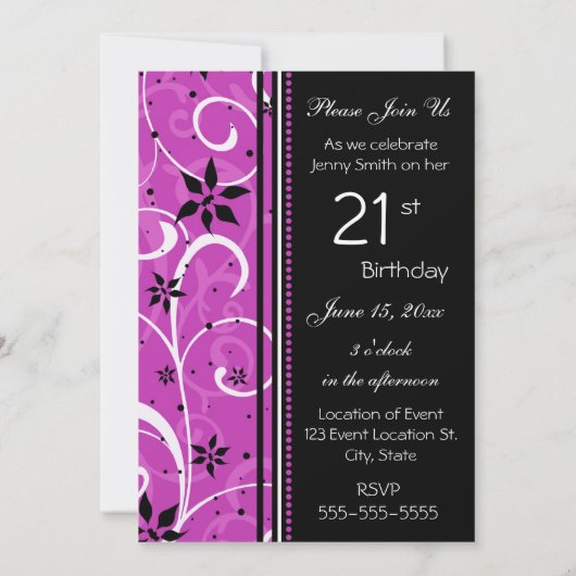 Carte d'invitation Pink Black 21st Birthday Party (Dos)