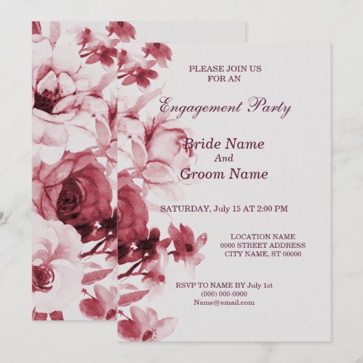 Carte d'invitation Pink Floral Engagement Party (Devant / Derrière)