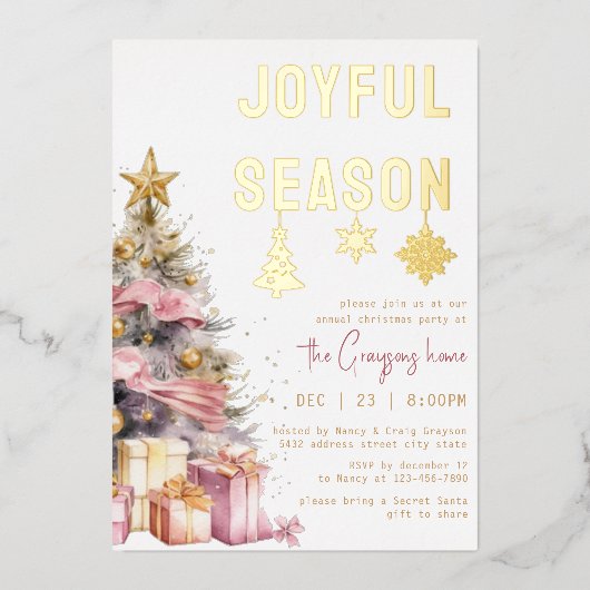 Carte d'invitation Pink & Gold Christmas Foil (Recto)