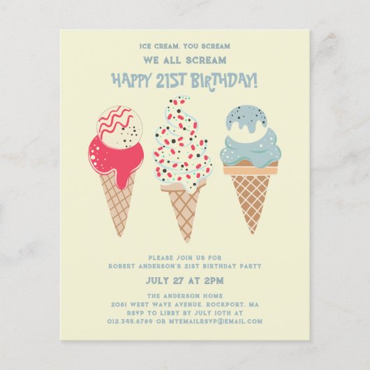 Carte d'invitation pour 21 ans avec cône de glace (Devant)