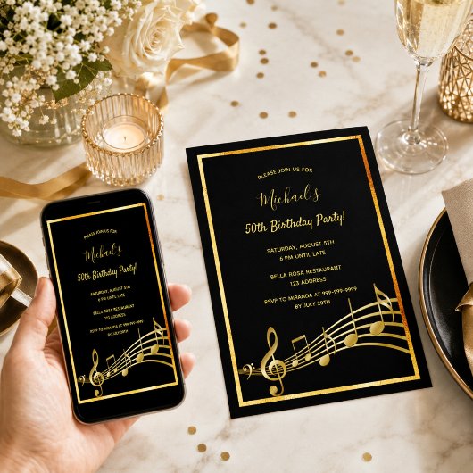 Carte d'invitation pour anniversaire noir or notes