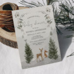 Carte d'invitation pour Baby shower Boho Woodland<br><div class="desc">Cette belle invitation au baby shower est parfaite pour n'importe quelle maman ! Ce design présente une belle scène boisée d'hiver qui comprend un chevreuil, un renard, un lapin et un oiseau d'hiver. La neige, qui tombe doucement, couvre les pins et les collines lointaines. Les polices joueuses modernes complètent ce...</div>