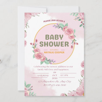 Carte d'invitation pour baby shower rose florale.
