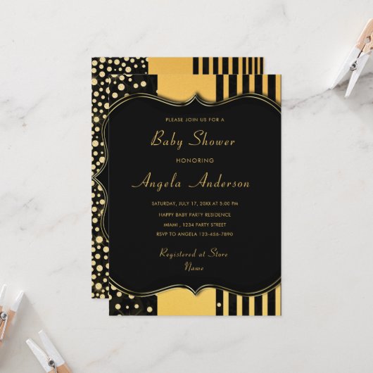 Carte d'invitation pour bébé Black Gold de luxe (Devant/Arrière en situation)