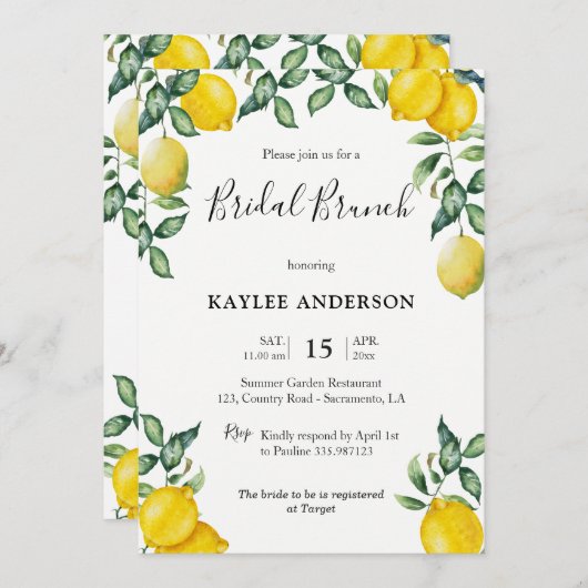 Carte d'invitation pour Brunch nuptial aux citrons (Devant / Derrière)