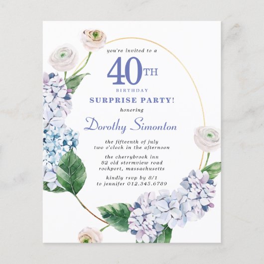 Carte d'invitation pour budget de fête surprise 40 (Devant)