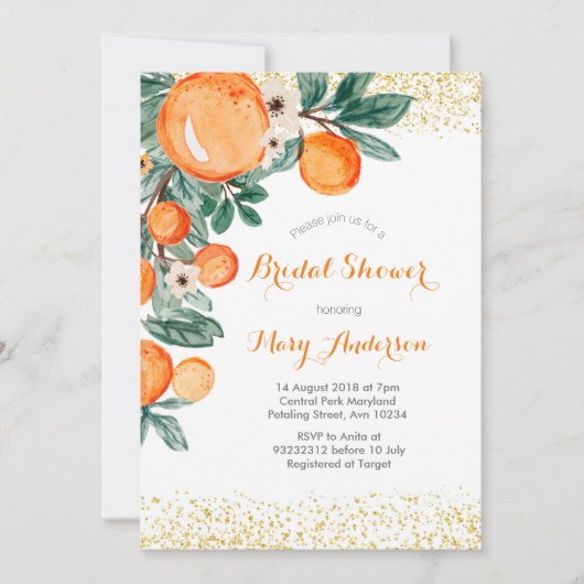 Carte d'invitation pour douche nuptiale orange mod (Devant)