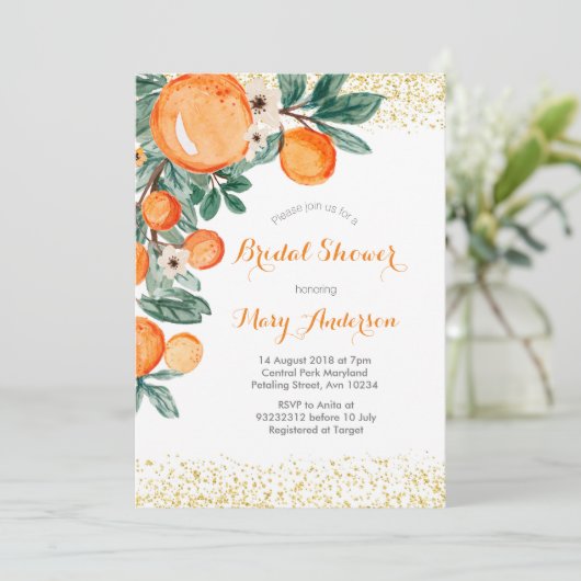 Carte d'invitation pour douche nuptiale orange mod (Debout devant)