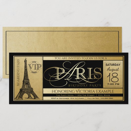 Carte d'invitation pour fête d'anniversaire à Pari (Devant / Derrière)