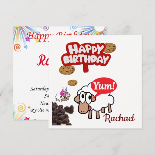 Carte d'invitation pour Joyeux Anniversaire Agneau (Devant / Derrière)