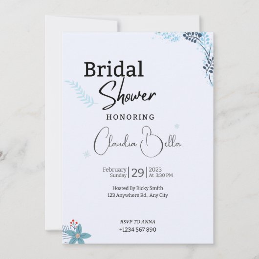 Carte d'invitation pour la douche nuptiale d'hiver (Devant)