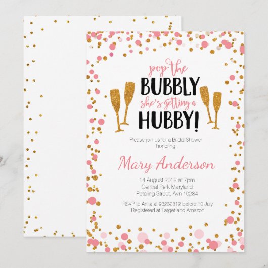 Carte d'invitation pour la douche nuptiale - or et (Devant / Derrière)