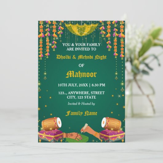 Carte d'invitation pour la soirée Dholki et Mehndi (Debout devant)