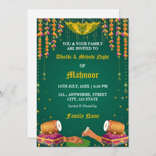 Carte d'invitation pour la soirée Dholki et Mehndi (Devant / Derrière)